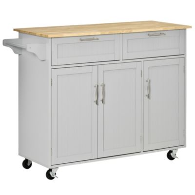 Homcom 48"" Modern Kitchen Island Cart On Wheels With Storage Drawers Rolling Utility Cart With Adjustable Shelves Cabinets And Towel Rack Grey