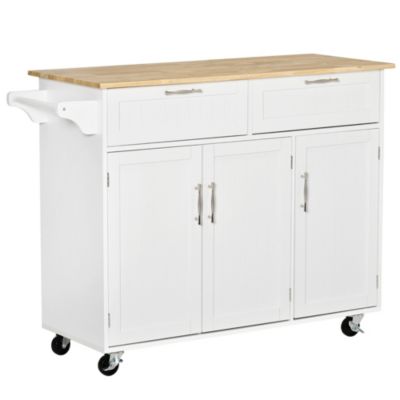 Homcom 48"" Modern Kitchen Island Cart On Wheels With Storage Drawers Rolling Utility Cart With Adjustable Shelves Cabinets And Towel Rack White