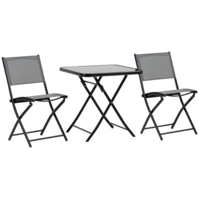 Outsunny 3 Pcs Garden Bistro Sets Outdoor Folding Furniture Set With Glass Table Top 2 Folding Chairs Steel Frame Mesh Fabric Grey