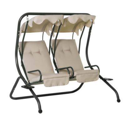 Outsunny Modern 2 Seater Outdoor Patio Swing Chair Porch Seats With Cup Holder And Removeable Canopy Beige