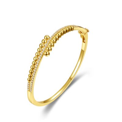 Rozzato Lab Created Ga Ss 14K Yellow Gold Plated With Diamond Cz Pave Milgrain Ball-Bead Bypass Bangle Bracelet