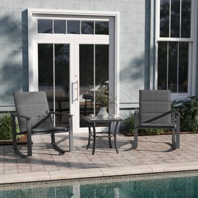 Emma And Oliver 3 Piece All-Weather Rocking Chairs And Glass Top Table Patio Set