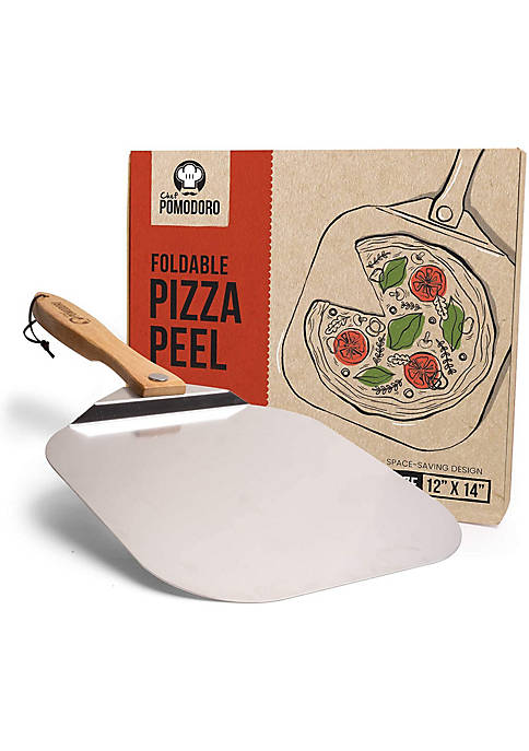 Aluminum Metal Pizza Peel with Foldable Wood Handle for Easy Storage 12-Inch x 14-Inch, Gourmet Luxury Pizza Paddle for Baking Homemade Pizza Bread
