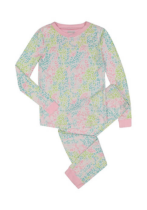 Sleep On It Girls Rainbow Leapord Super Soft Snug Fit 2-Piece Pajama Sleep Set