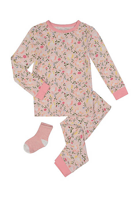 Sleep On It Infant/Toddler Girls Fairytale Unicorns Snug Fit 2-Piece Pajama Sleep Set with Matching Socks