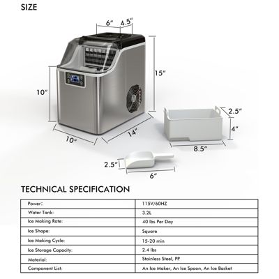 Zokop 40lbs Compact Stainless Steel Portable Countertop Ice Maker