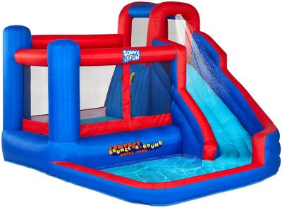 Sunny & Fun Compact Bounce-A-Round Inflatable Water Slide Park â Heavy-Duty For Outdoor Fun - Climbing Wall, Slide & Splash Pool â Easy To Set Up