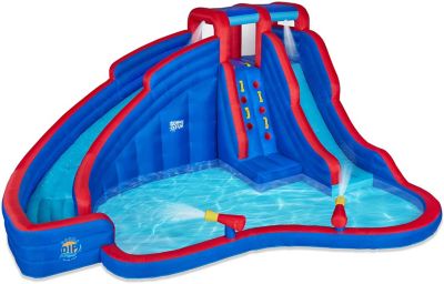 Sunny & Fun Double Dip Inflatable Water Slide Park â Heavy-Duty For Outdoor Fun - Climbing Wall, 2 Slides & Splash Pool â Easy To Set Up &