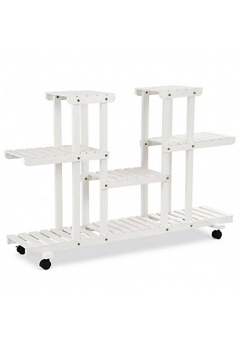 Costway 4-Tier Wood Casters Rolling Shelf Plant Stand