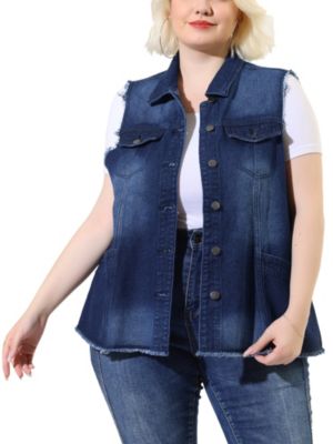 Agnes Orinda Women Plus Size Button Frayed Hem Cargo Pocket Single Breasted Trucker Denim Jean Vest Topper