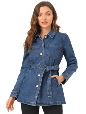 Allegra K Women's Jean Belted Notched Lapel Trench Long Denim