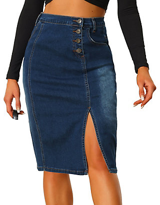 Allegra K Denim Skirt for Women's Button Decor Side Slit Slash Pocket Midi  Skirt | belk