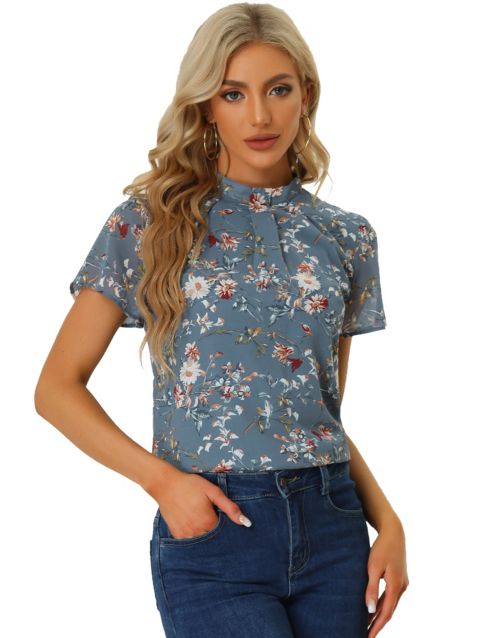 Allegra K Women's Stand Collar Pleated Front Chiffon Floral Blouse