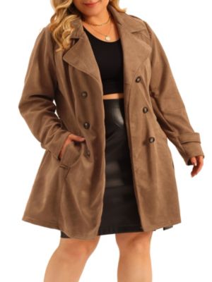 Agnes Orinda Women's Plus Size Faux Suede Notched Lapel Double Breasted Trench Coat Jacket With Belt