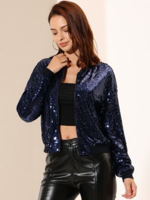 Allegra K Women's Sequin Sparkle Long Sleeve Zipper Bomber Jacket Lake Blue Small