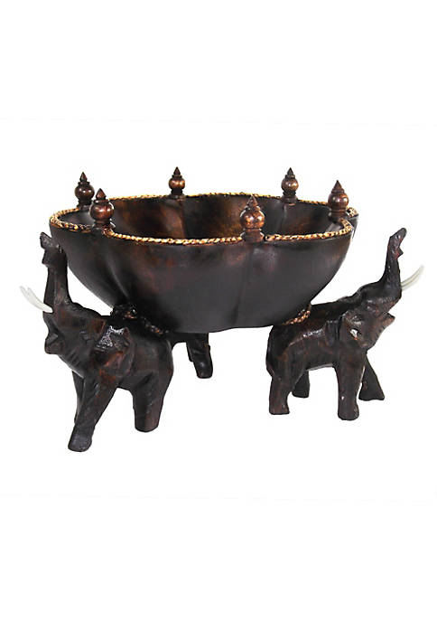 AeraVida Triumphant Elephants Carved Rain Tree Wooden Bowl