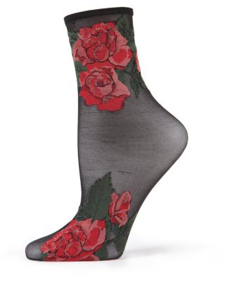 Memoi Women's Beauty Rose Garden Sheer See-Through Ankle Socks, Black -  802025163346