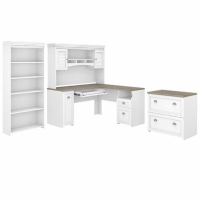 Bush Business Furniture Fairview 60W L Shaped Desk With Hutch, Lateral File Cabinet And 5 Shelf Bookcase, White -  042976137182