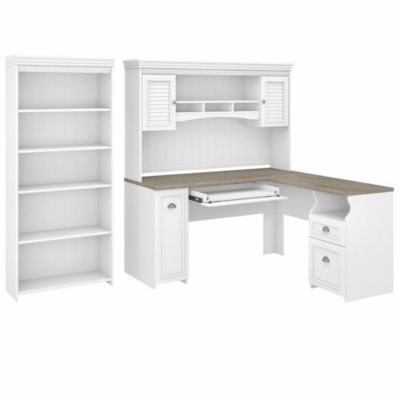 Bush Business Furniture Fairview 60W L Shaped Desk With Hutch And 5 Shelf Bookcase, White -  042976137175