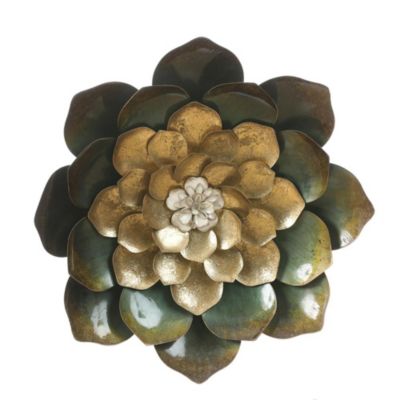 Luxen Home 19-Inch Green, Gold, And White Metal Flower Wall Decor