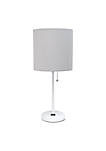 Contemporary Stick Lamp with Charging Outlet, White Base and Gray Fabric Shade