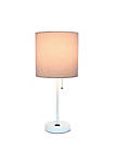Contemporary Stick Lamp with Charging Outlet, White Base and Gray Fabric Shade