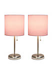 Home Decorative Stick Lamp with USB Charging Port, Light Pink Fabric Shade and Brushed Steel Base - 2 Pack Set