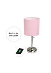 Home Decorative Stick Lamp with USB Charging Port, Light Pink Fabric Shade and Brushed Steel Base - 2 Pack Set