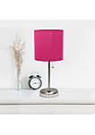 Home Decorative Stick Lamp with USB Charging Port, Pink Fabric Shade and Brushed Steel Base - 2 Pack Set