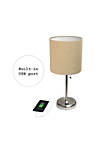 Home Decorative Stick Lamp with USB Charging Port, Tan Fabric Shade and Brushed Steel Base - 2 Pack Set