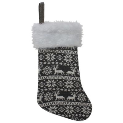 Northlight 19"" Gray And White Reindeer And Snowflake Knit Christmas Stocking With Faux Fur Cuff