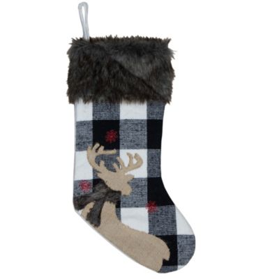 Northlight 18-Inch Black And White Buffalo Plaid Burlap Reindeer Christmas Stocking