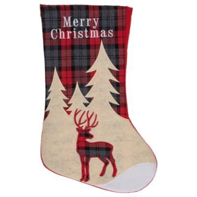 Northlight 19"" Green And Red Plaid Reindeer With Forest Trees Christmas Stocking