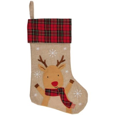 Northlight 19"" Burlap Plaid Whimsical Reindeer Waiving Christmas Stocking