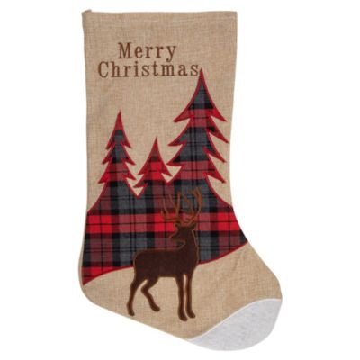 Northlight 19"" Beige And Red Plaid Reindeer With Forest Trees Christmas Stocking