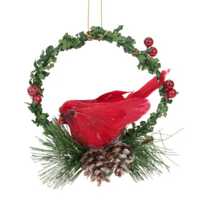 Northlight 5.5"" Green And Red Cardinal In A Holly Wreath Christmas Ornament