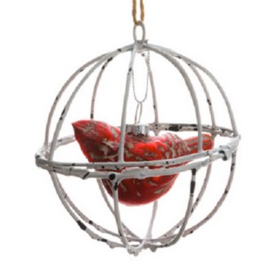 Allstate 4"" Red And White Distressed Cardinal Wood Like Ball Cage Christmas Ornament