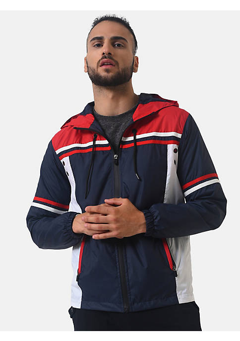 Campus Sutra Men Blue Colourblocked Windcheater Padded Hooded