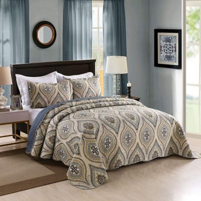 Bebejan Nicole Grey 100% Cotton 3-Piece Reversible Quilt Set, KING