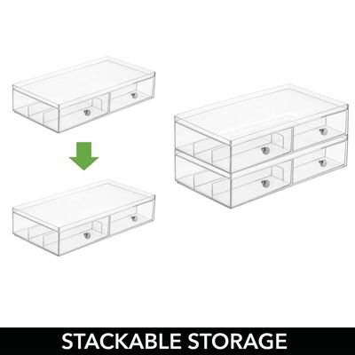 mDesign Wide Plastic Stackable Glasses Organizer Box, 2 Drawers, 2 Pack, Clear