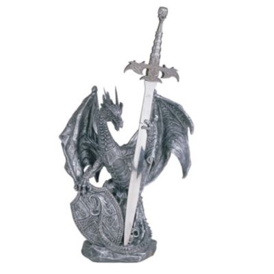 Fc Design 10""h Medieval Silver Dragon With Shield And Sword Guardian Statue Fantasy Decoration Figurine