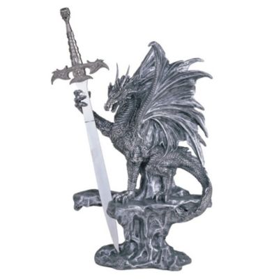 Fc Design 12""h Medieval Silver Dragon Standing On Rock With Sword Guardian Statue Fantasy Decoration Figurine