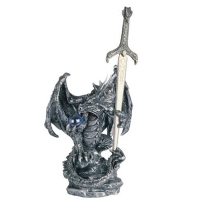 Fc Design 5""h Medieval Silver Dragon Holding Blue Gemstone And Sword Guardian Statue Fantasy Decoration Figurine -  647535905914