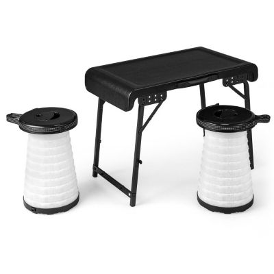 Slickblue 3 Pieces Folding Camping Table Stool Set With 2 Retractable Led Stools-Black, White -  788281577564