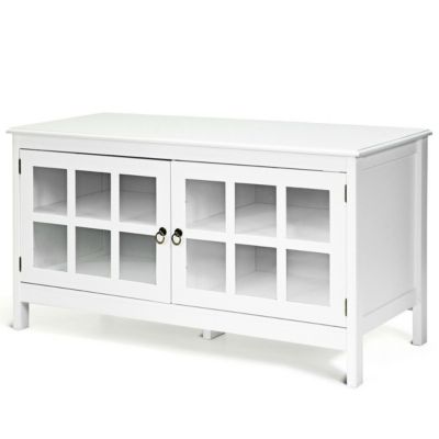 Slickblue White Wood Entertainment Center Tv Stand With Glass Panel Doors