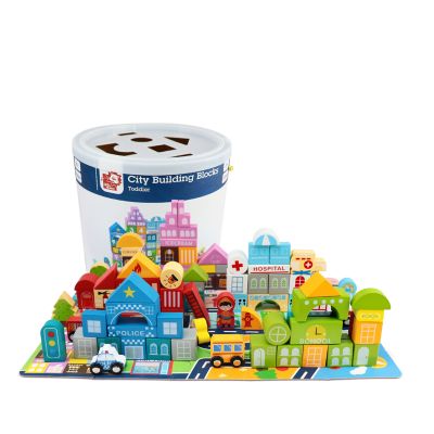 Leo & Friends Wooden City Building Block Toy 100-Piece Set, City Construction Stacking Shape Recognition Set Multi