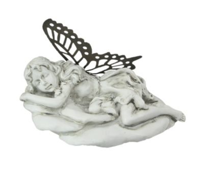 Napco Imports Antiqued White Sleeping Fairy Indoor / Outdoor Statue With Rustic Metal Wings