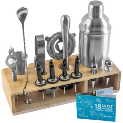 Blauke Stainless Steel Cocktail Shaker Set With Stand - 17-Piece Mixology Bartender Kit, Bar Set, Medium