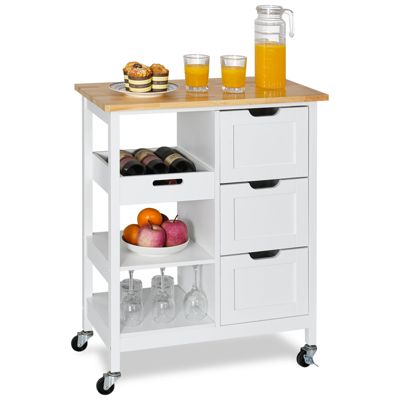 Boom Ecom Mobile Rolling Kitchen Island Cart With Cabinet & Drawers & Towel Bar With 3 Drawers And 3 Storage Shelves, Solid Wood