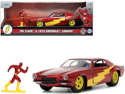 Carfaxo 1973 Chevrolet Camaro Red Metallic With The Flash Diecast Figurine ""dc Comics"" Series ""hollywood Rides"" 1/32 Diecast Model Car By Jada